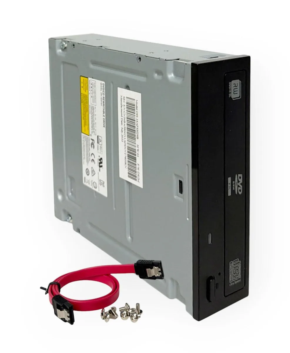 Silver half-height internal DVD burner with SATA connectors and mounting screws