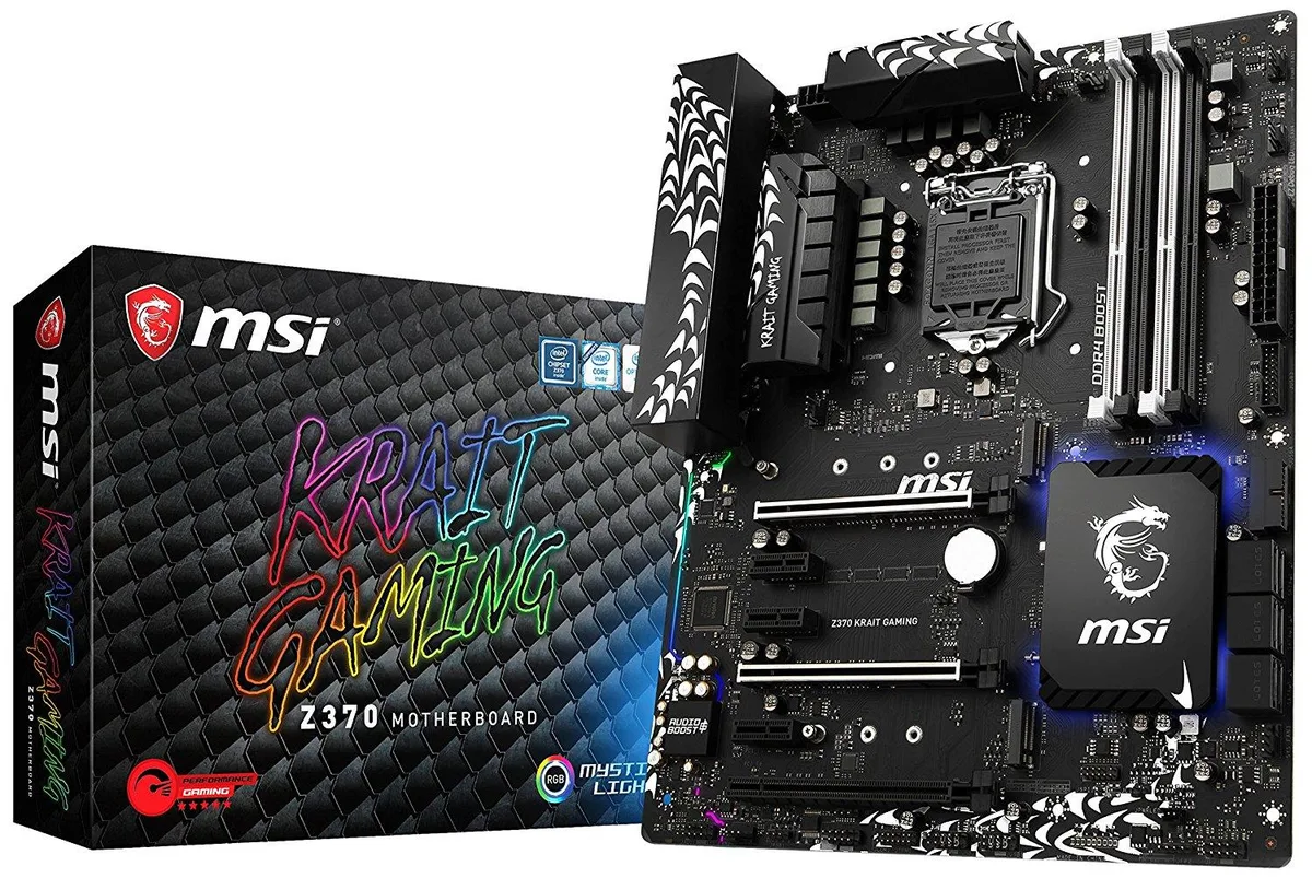ATX motherboard in black and white with four DDR4 slots