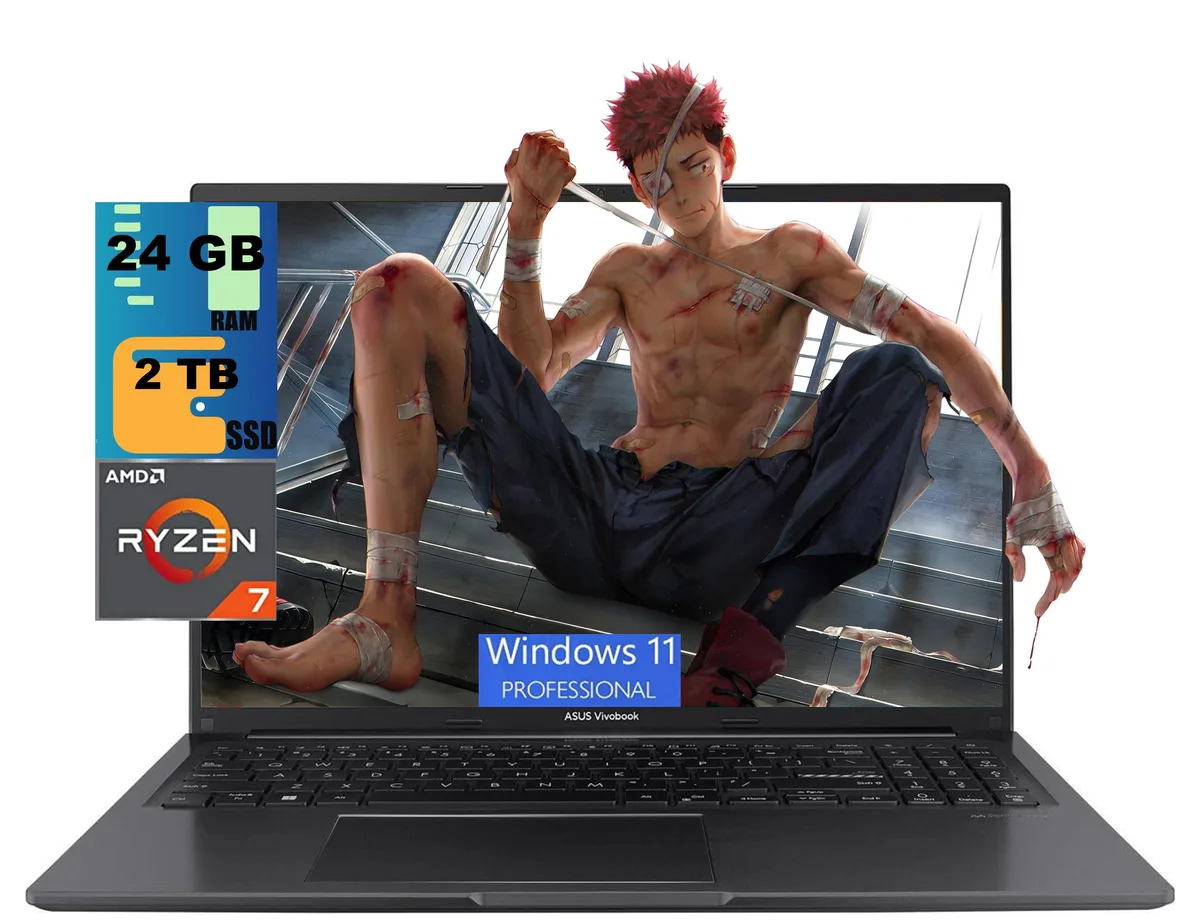 Black 16 inch laptop with backlit keyboard and fingerprint reader