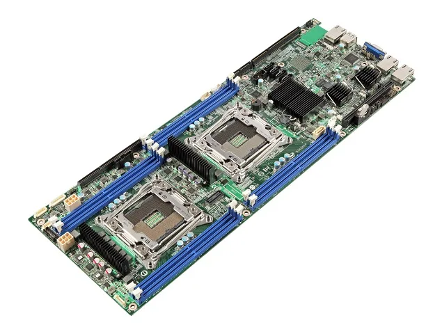 Green rectangular server motherboard with dual LGA2011-3 sockets eight DDR4 slots and four expansion slots