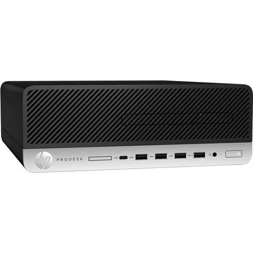 Compact black small-form-factor desktop tower with front USB ports and rear display outputs