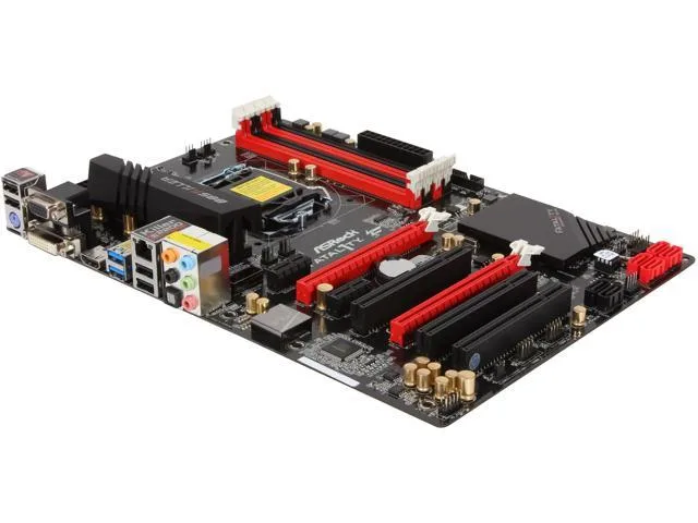 Black ATX motherboard with red accents and LGA 1150 socket