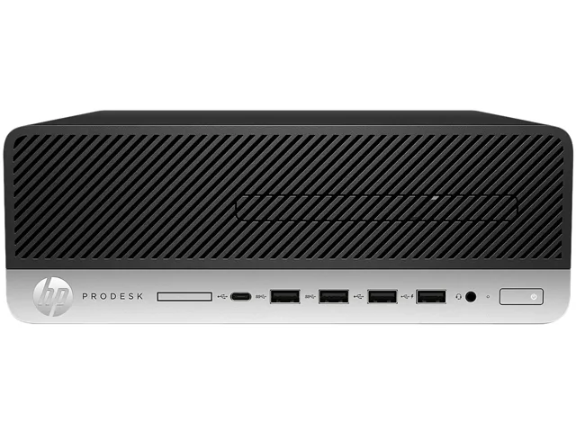 Compact grey HP ProDesk 600 G3 small-form-factor tower with DVD slot, USB keyboard and mouse