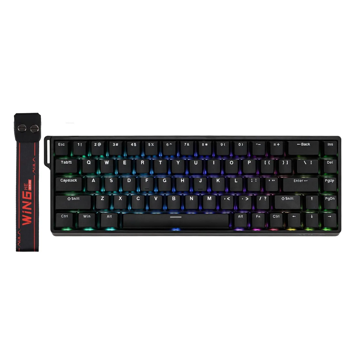 Compact 65 percent black plastic keyboard with 68 keys and RGB lighting
