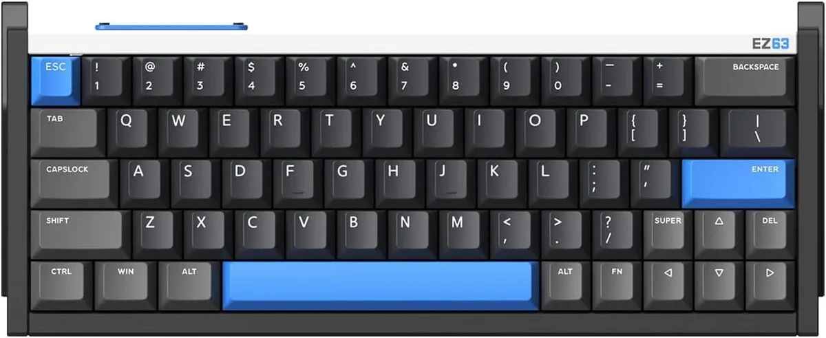 Compact 60% aluminium keyboard with 64 double-shot PBT keycaps in a matte dark finish