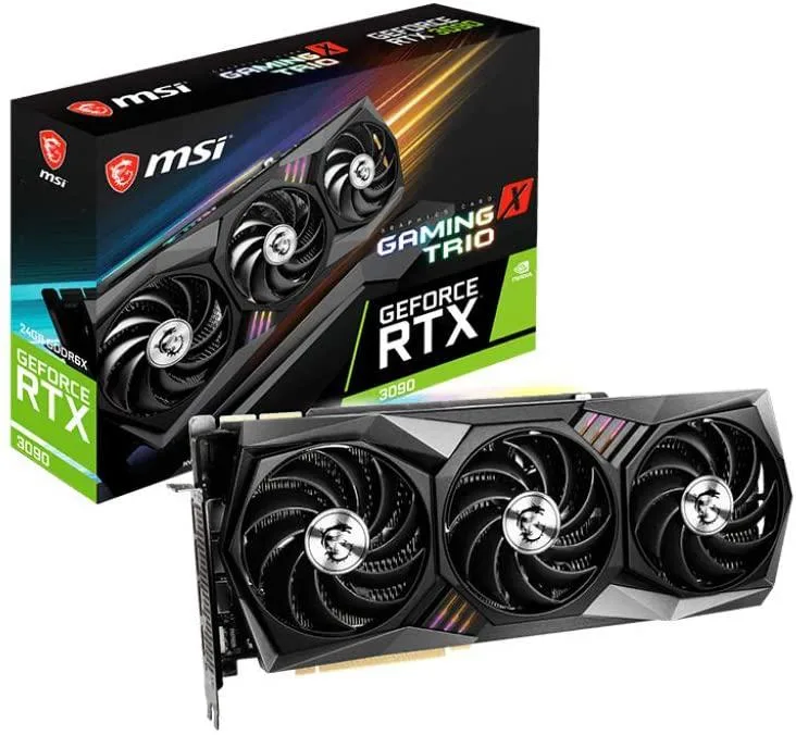 Triple-fan graphics card in black and silver with RGB lighting on the shroud and backplate
