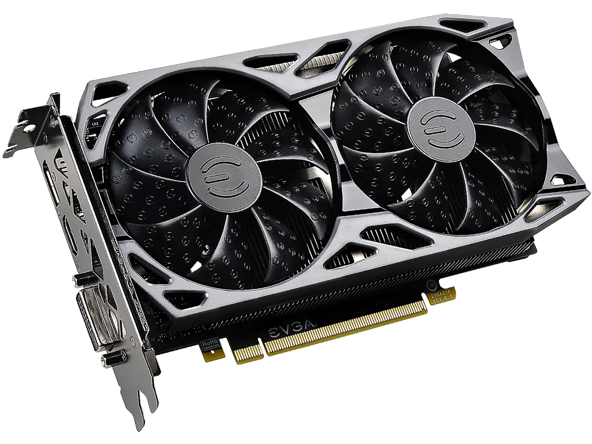 Black dual-fan graphics card with metal backplate and silver accents