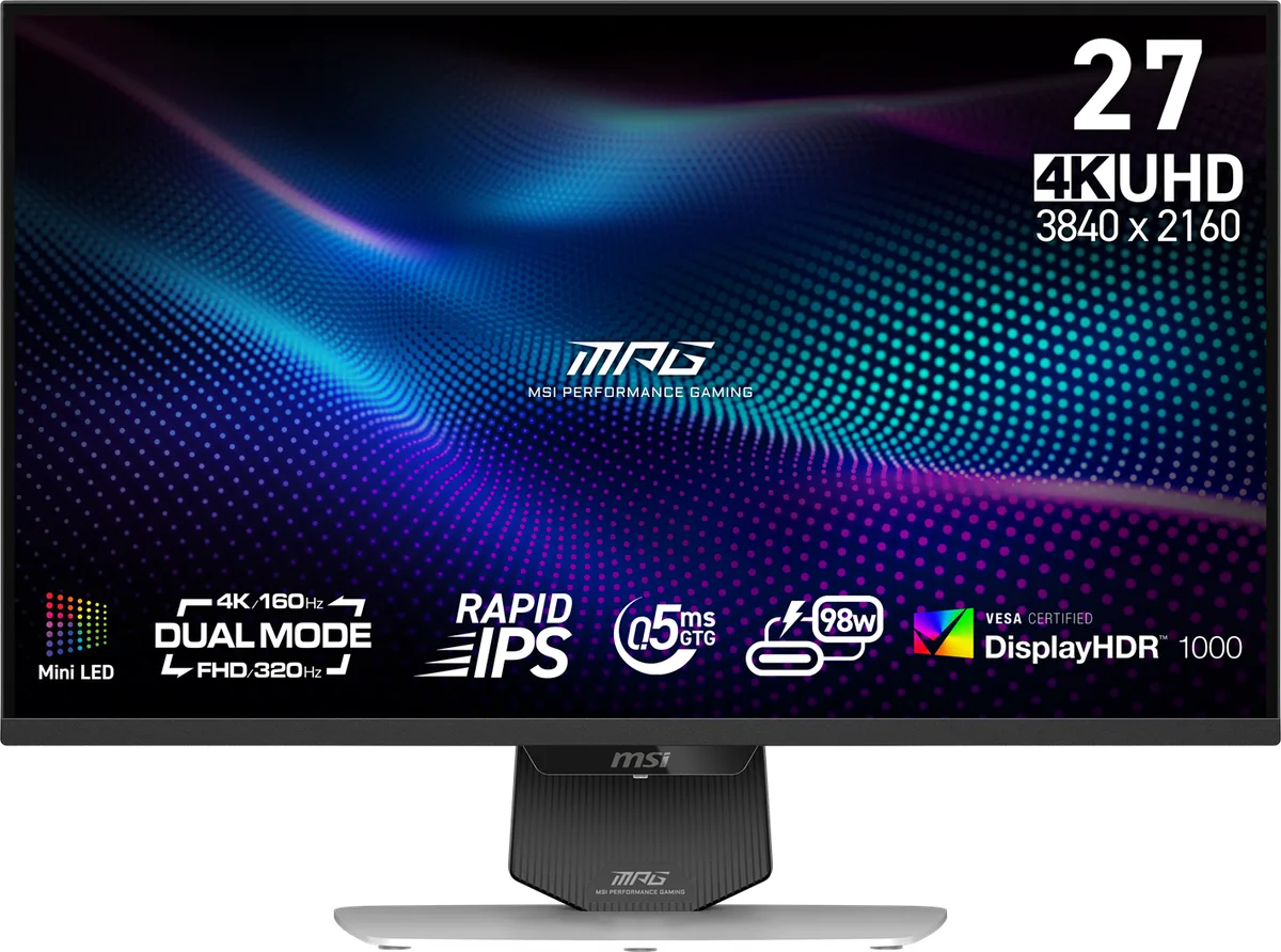 27 inch white gaming monitor with RGB lighting and adjustable stand
