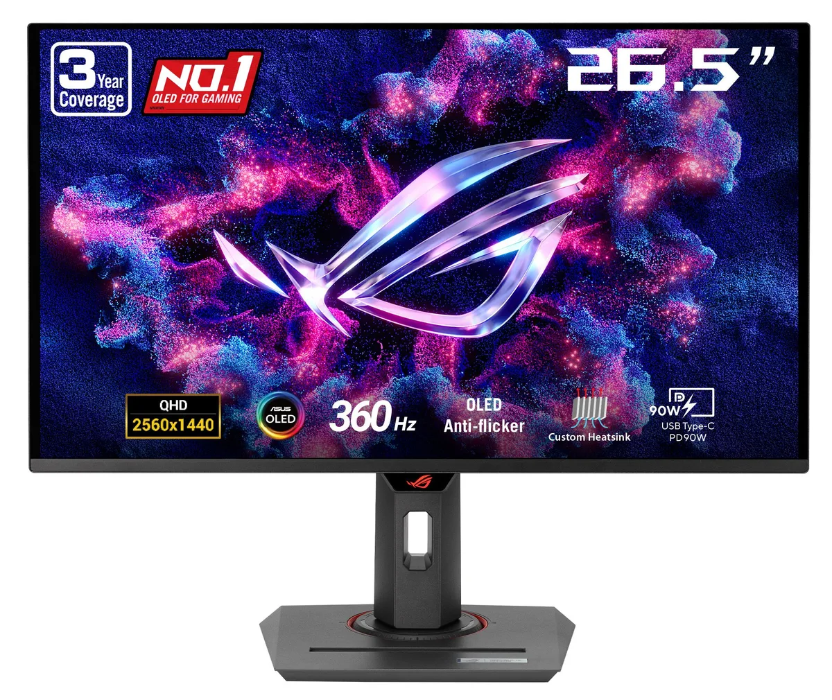 27 inch black OLED gaming monitor with thin bezels anti-reflection screen square base phone holder tripod socket RGB lighting