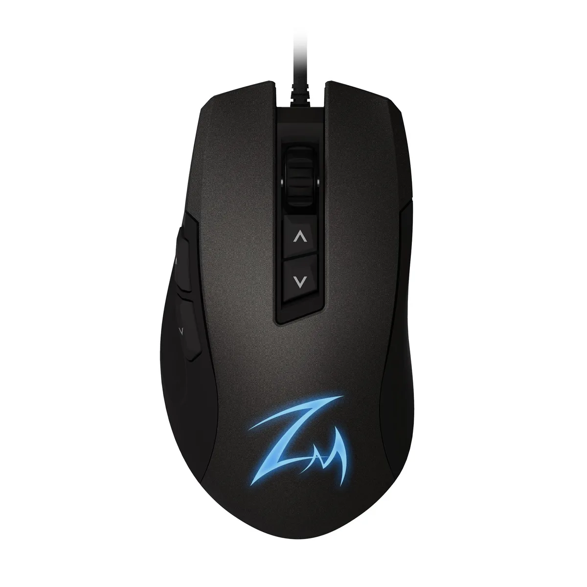 Right-handed black gaming mouse with matte finish, seven buttons, RGB lighting and braided cable