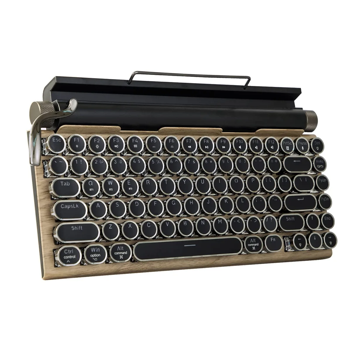 Retro white mechanical keyboard with round keycaps and wood panel, 83 keys, Bluetooth 5.0