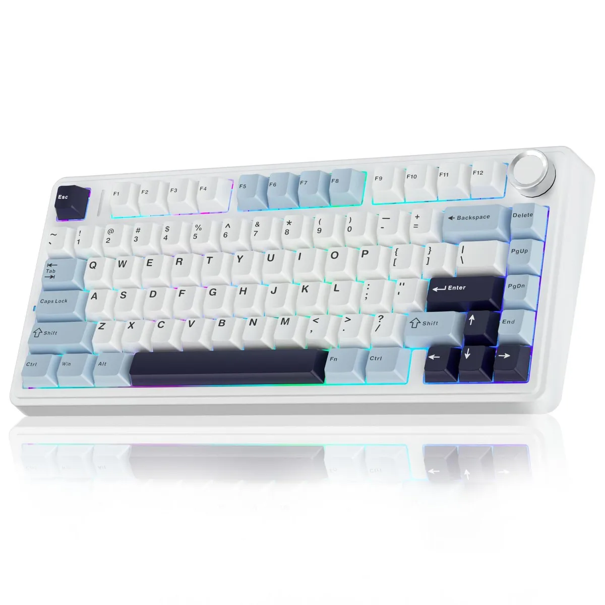 A compact 75 percent keyboard in blue and white plastic with a multifunctional knob and RGB backlighting