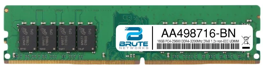 Green 288-pin DDR4 UDIMM module with black chips and a white label showing 16GB 3200MHz