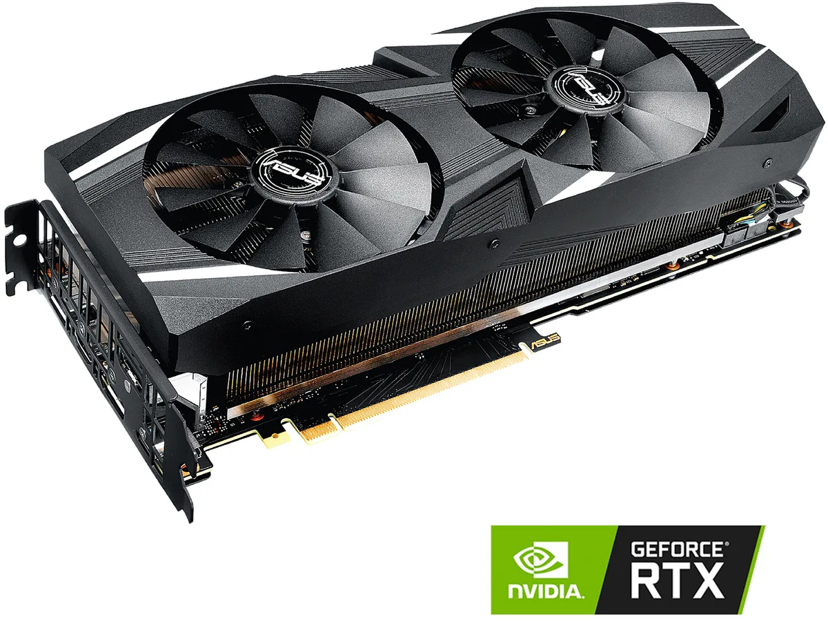 ASUS Dual GeForce RTX 2070 graphics card, black dual-fan cooler, metal backplate, PCIe bracket with HDMI, DisplayPort and USB-C ports