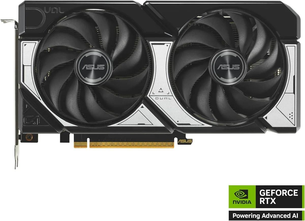 ASUS Dual GeForce RTX 5060 graphics card with dual-fan cooler and metal backplate
