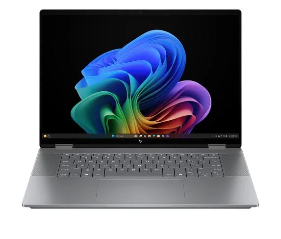 Silver 16 inch convertible laptop with edge-to-edge touchscreen and backlit keyboard