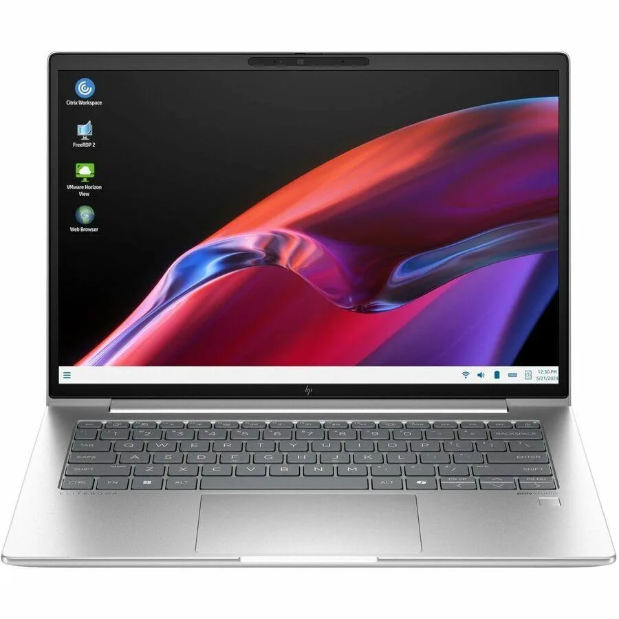 Silver 14 inch HP Elite mt645 G8 laptop closed on a plain background