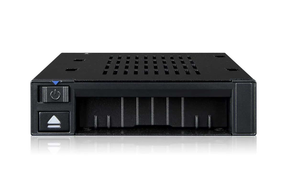 Black aluminum and plastic U.2 NVMe enclosure for 3.5-inch bay with SlimSAS connector