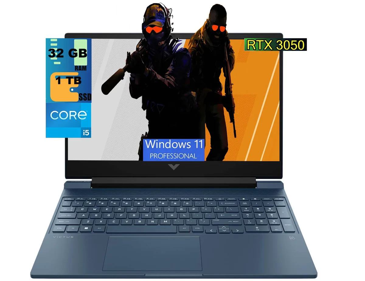Blue 15.6-inch gaming laptop, matte finish, backlit keyboard visible