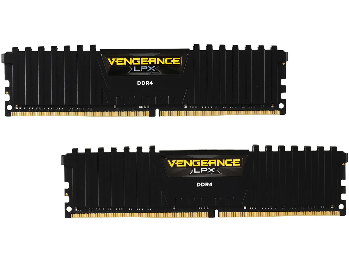 Two black low-profile DDR4 modules with anodized aluminum heatspreaders