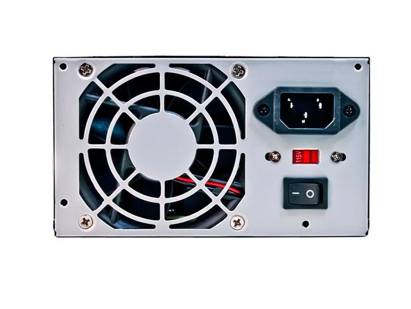 Grey ATX power supply unit with single fan and multiple cables