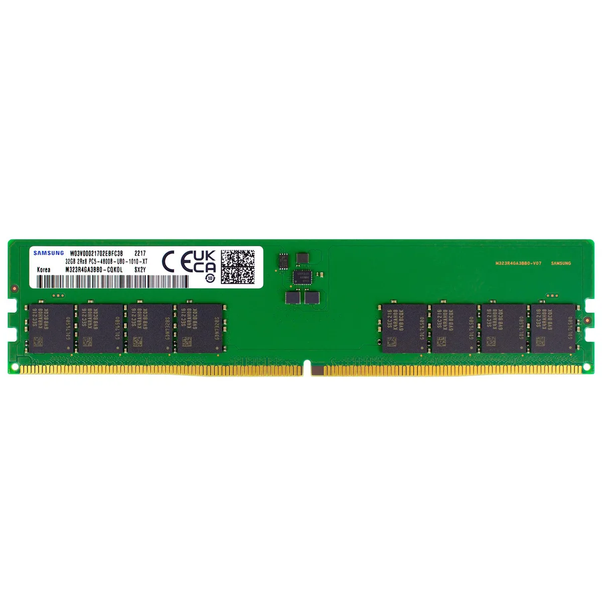 Green 288-pin DDR5 UDIMM module with black chips
