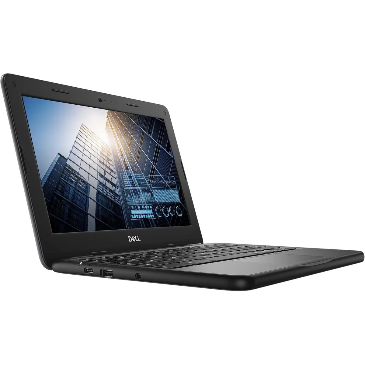 Compact 11.6 inch Dell Chromebook 3100 laptop in matte dark finish, non-touch screen, webcam above display
