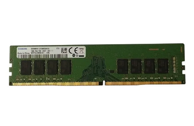 Green rectangular circuit board with black memory chips and gold edge connectors