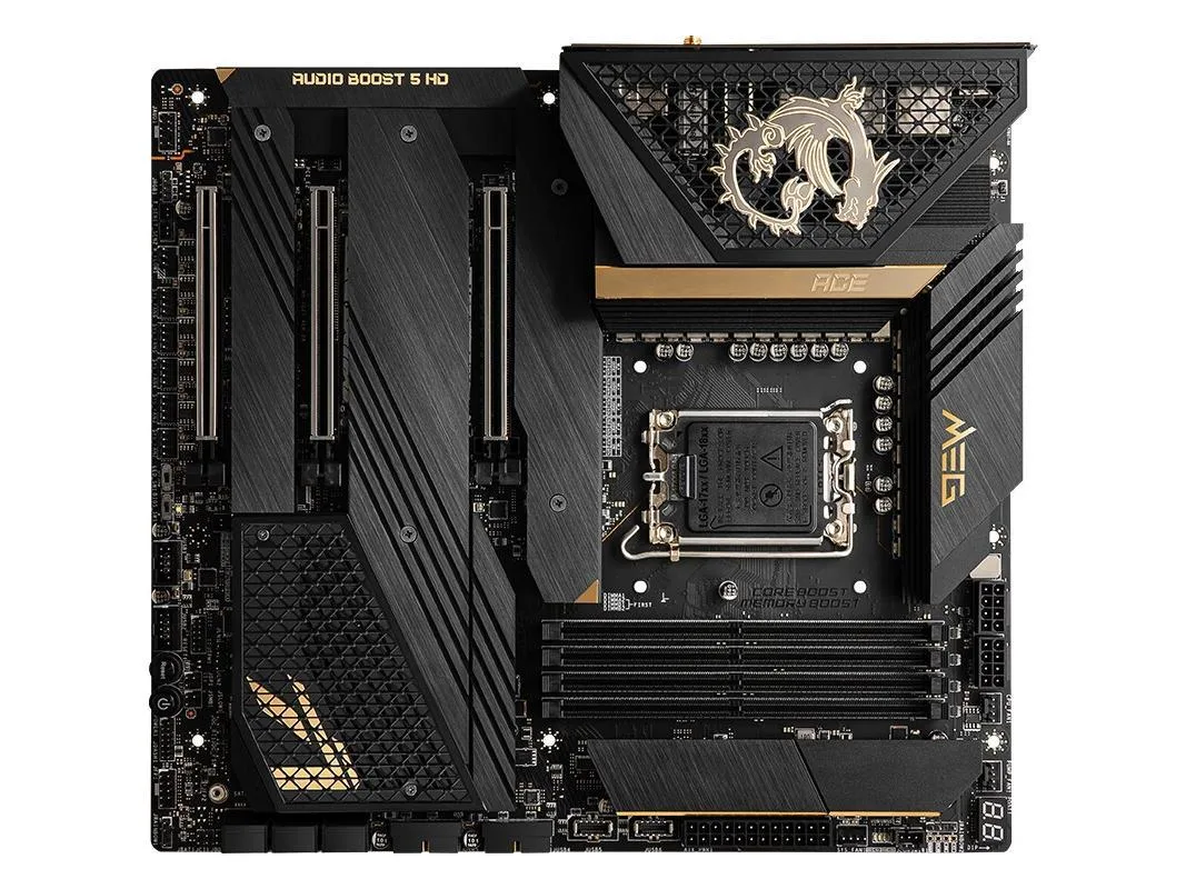 Black rectangular E-ATX motherboard with silver heatsinks and LGA 1700 socket