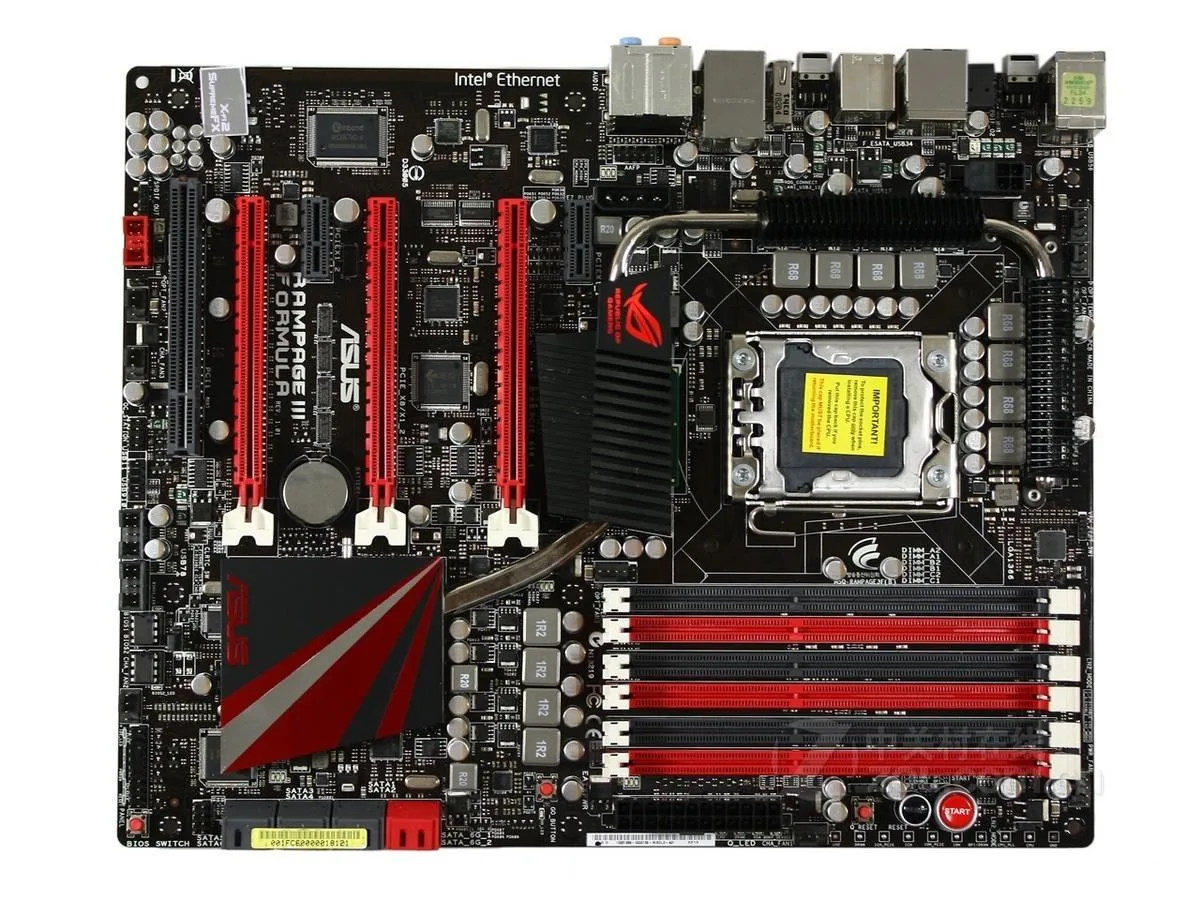 ATX motherboard with black PCB and red heatsinks, LGA 1366 socket, DDR3 slots, SATA ports