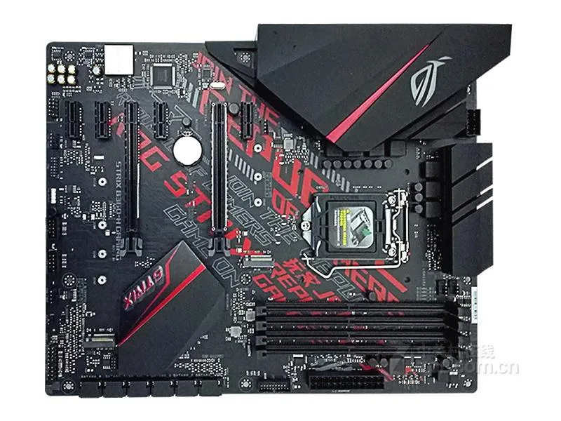 ATX motherboard with black PCB and silver heatsinks