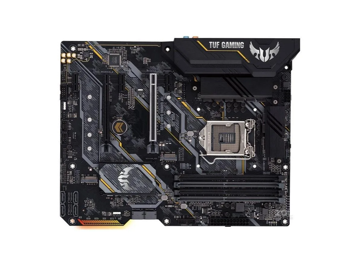 ATX motherboard in black and yellow finish with LGA 1200 socket and DDR4 slots
