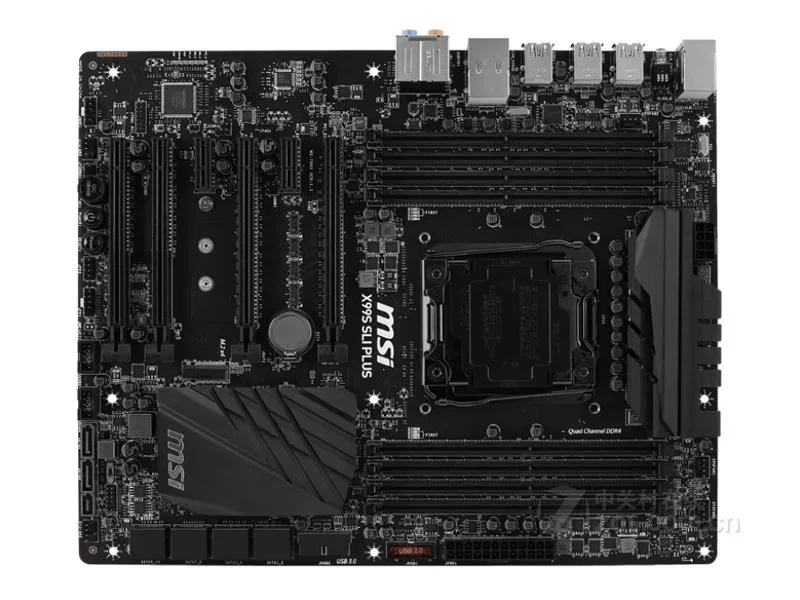 Rectangular ATX motherboard with black PCB and silver heatsinks