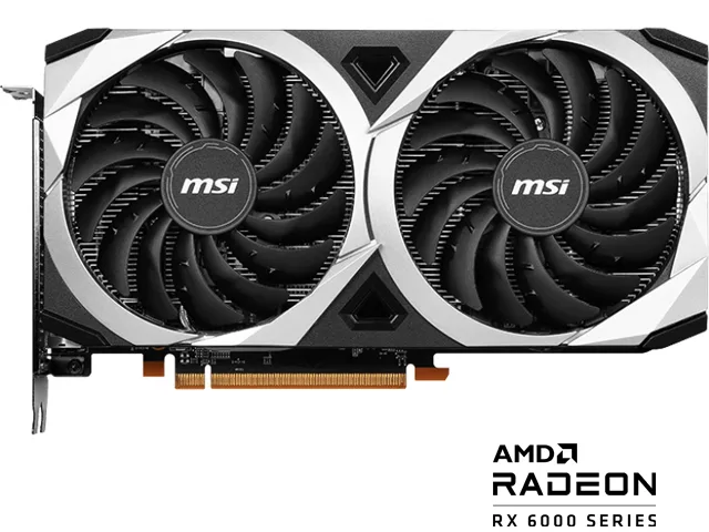 MSI Radeon RX 6600 XT Mech graphics card with dual fans, dark grey finish, backplate visible