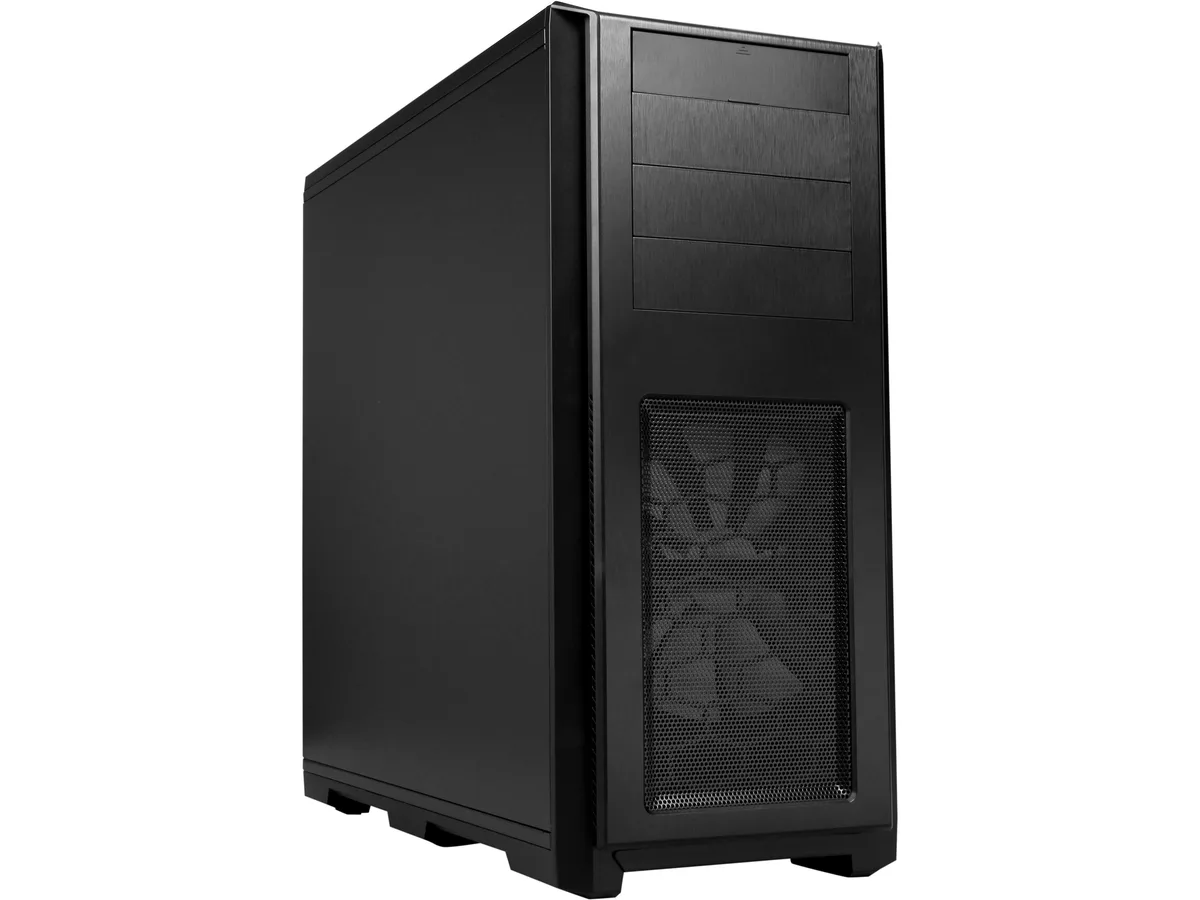 Black steel and plastic ATX full tower case without a side window, front I/O ports and three 5.25 inch drive bays visible