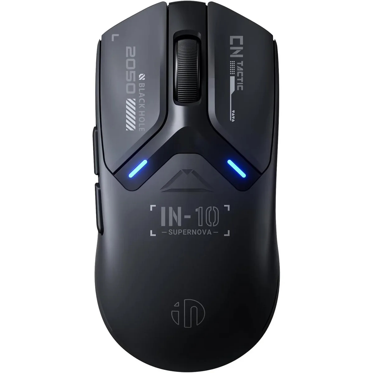 Black lightweight gaming mouse, solid shell, USB-C cable and nano receiver visible