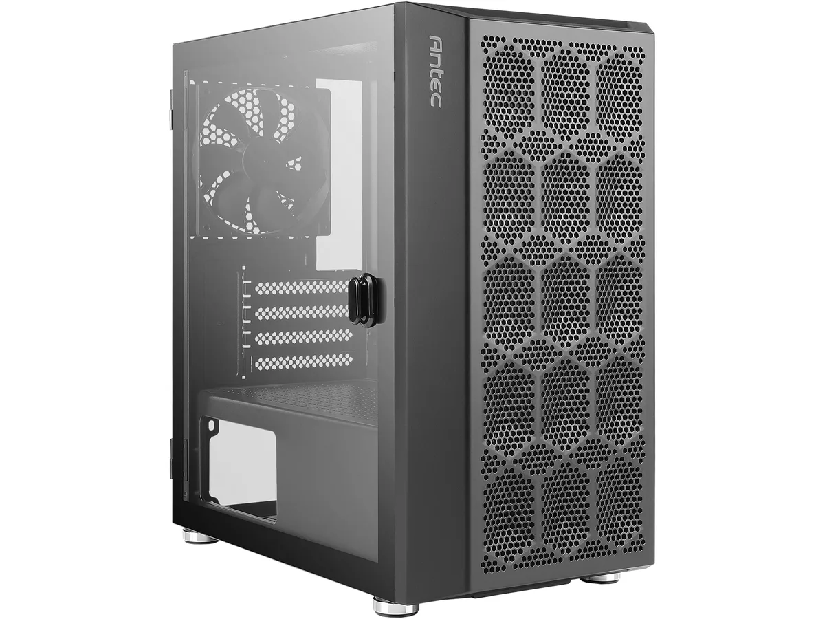 Black Micro-ATX tower with mesh front panel and tempered glass side panel