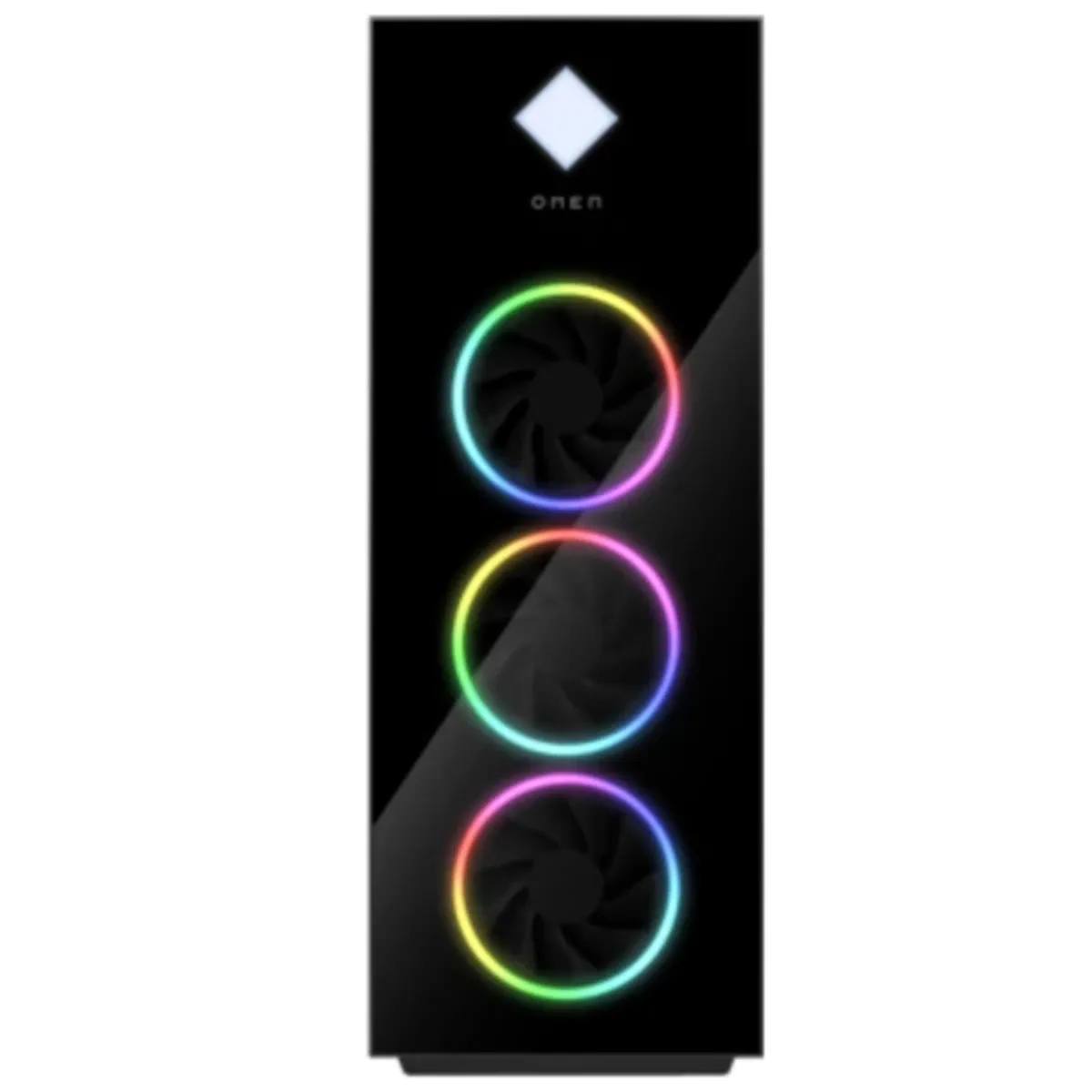 Black HP OMEN 45L gaming desktop tower with RGB-lit Kingston FURY memory visible through side panel
