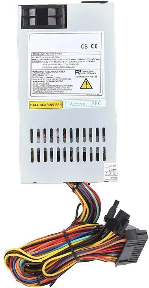 Compact 1U AT power supply in a metal case with 24-pin ATX, 4-pin CPU, two SATA and two IDE connectors