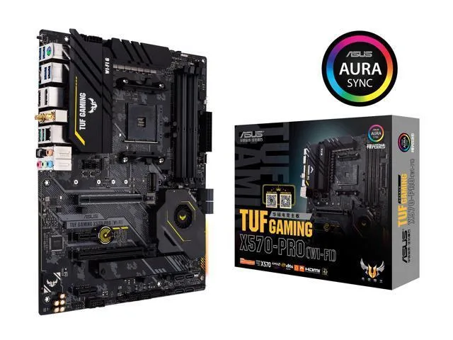 ATX motherboard with grey heatsinks, yellow accents and rear I/O shield