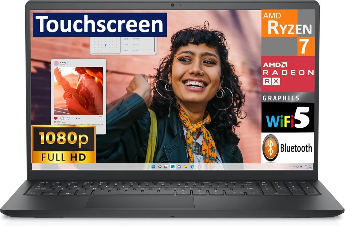 Black 15.6 inch touchscreen laptop with matte finish