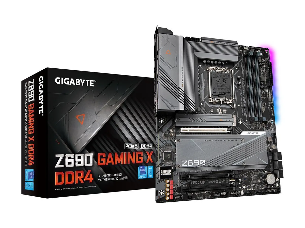 ATX motherboard dark PCB silver heatsinks four DDR4 slots large CPU socket area