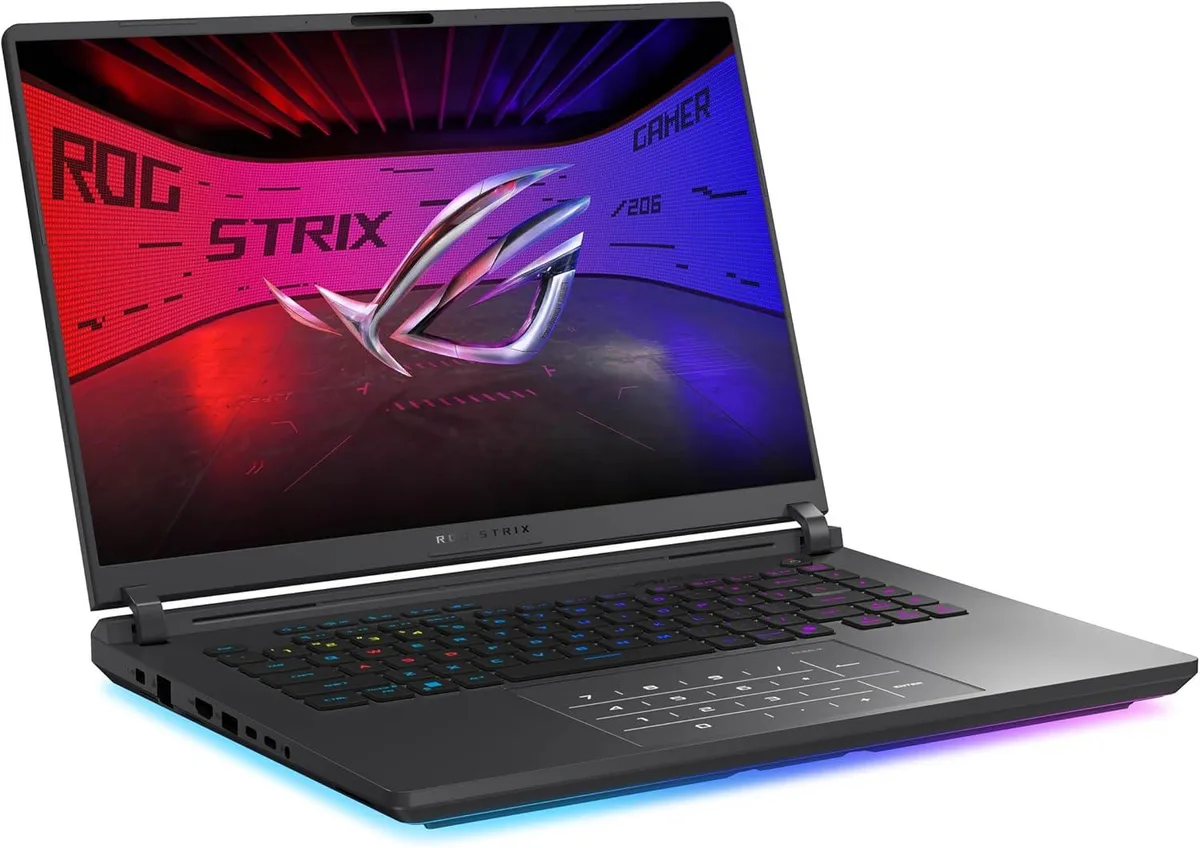 Black 16 inch gaming laptop with full backlit keyboard and RGB light bar