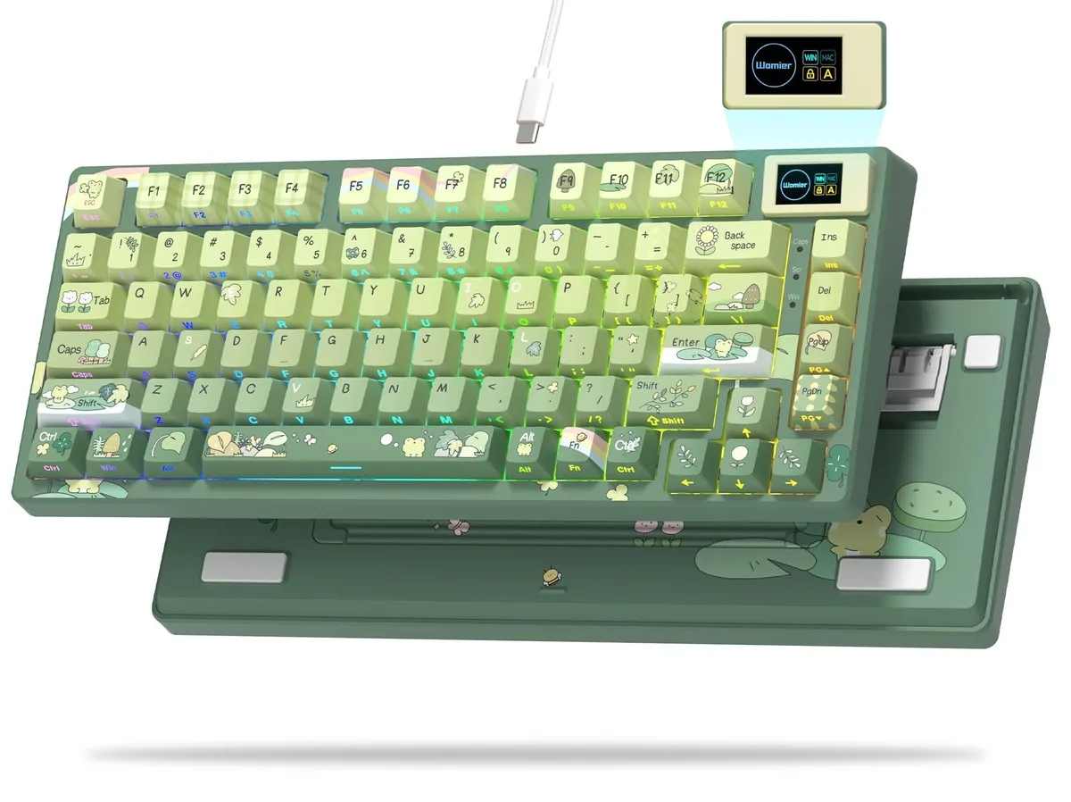 Frog-green 75% mechanical keyboard with colour multimedia display in top-right corner
