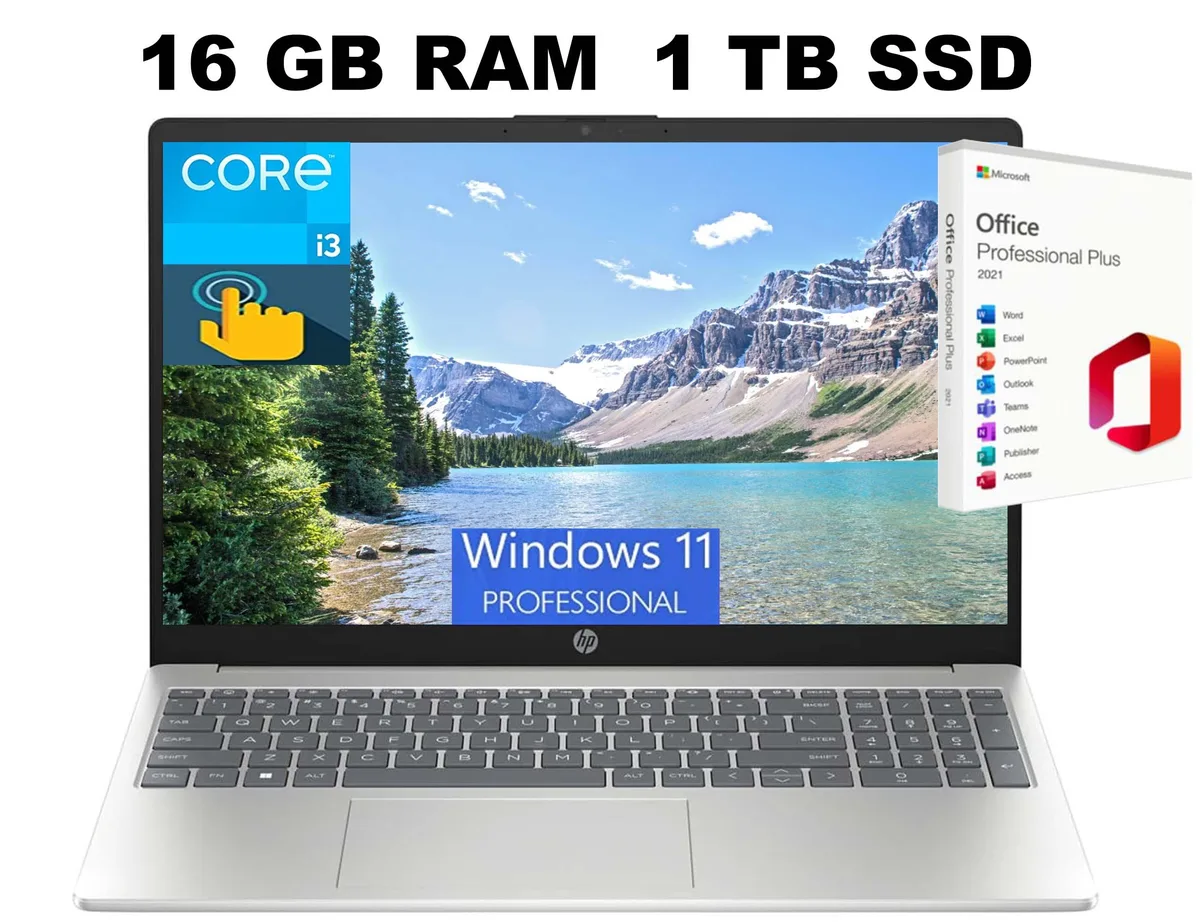 HP HP 15 laptop, Core i3-1315U, 16GB DDR4, 1TB PCIe SSD, 15.6" HD touchscreen, Silver — product photo