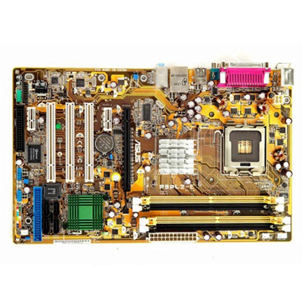 ATX motherboard in green with LGA 775 socket and DDR2 slots