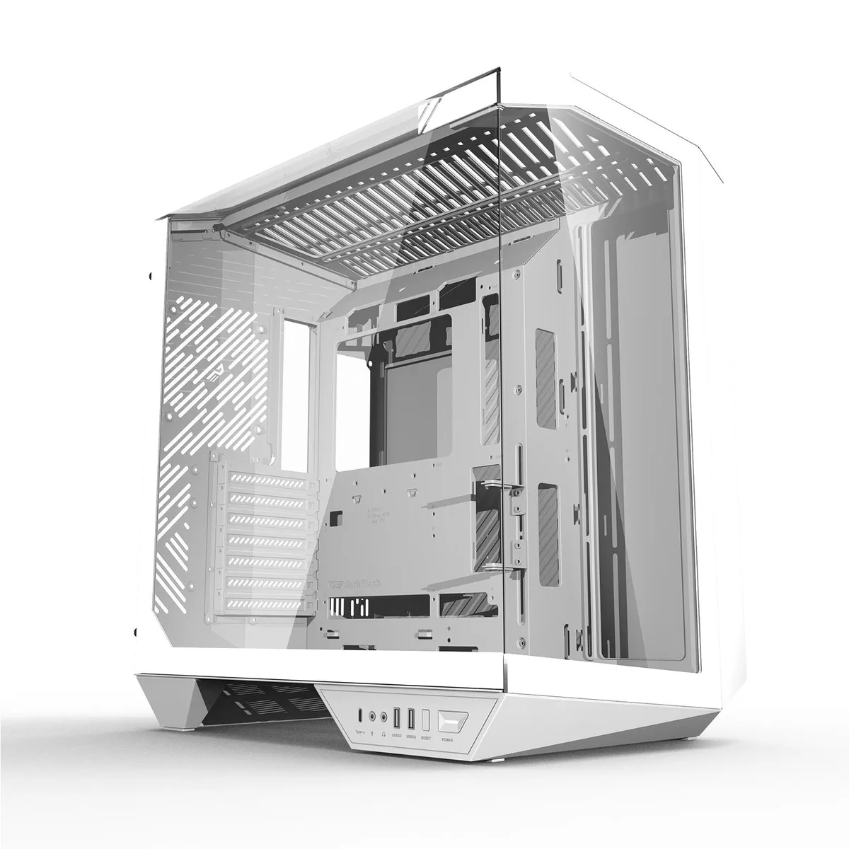 White full-tower ATX case with 330° tempered glass panels and front USB-C