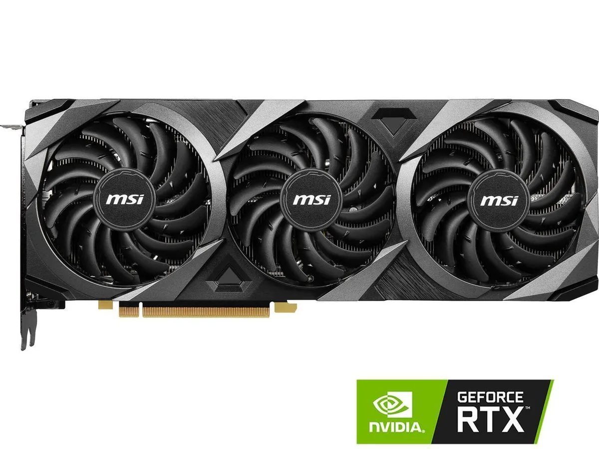 Triple fan graphics card with brushed metal backplate and silver grey shroud