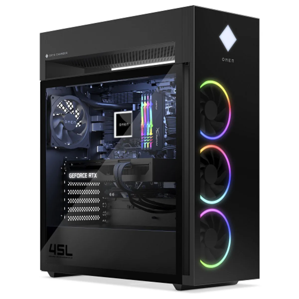 Black HP OMEN 45L gaming desktop tower with RGB-lit memory visible through side panel