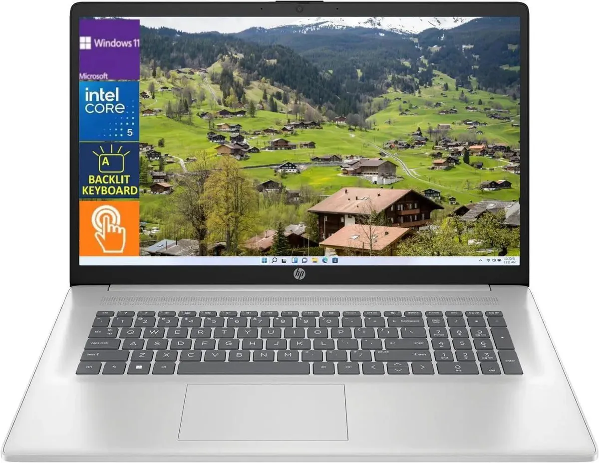 Natural silver 17.3 inch HD+ touchscreen laptop with backlit keyboard and numeric keypad